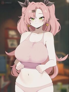 alternate_costume animated black_ribbon blurry blurry_background bouncing_breasts breast_drop breasts closed_mouth commentary earrings female green_eyes hair_ribbon heart heart_earrings huge_breasts jewelry lifting_own_clothes long_hair mole mole_on_breast navel nicole_demara nipples omeki panties pink_hair pink_panties ribbon smile solo stomach tagme two_side_up ugoira underwear video zenless_zone_zero