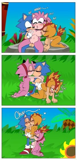 2girls1boy amy_rose anthro balls blue_fur classic_amy_rose classic_sonic comic comic_page female furry hedgehog kissing ninotrash pink_body pink_fur pink_hair pussy reptile sonic_(series) sonic_the_hedgehog sonic_the_hedgehog_(series) sucking_balls sungazer_(lizard) trip_the_sungazer vaginal_penetration