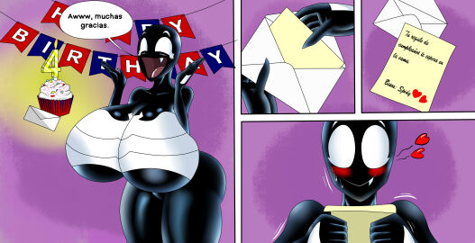 big_breasts birthday black_body breasts comic comic_page comic_panel fanart female happy_birthday marvel marvel_comics nero_redon she-venom smile smiling spanish_text spider-man_(series) tagme venom_(marvel)