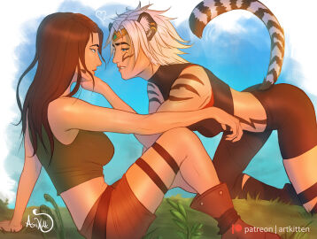 2girls artkitt-creations bare_shoulders black_hair blue_eyes boots breasts caitlyn_kiramman crop_top crown facial_markings female grass heart league_of_legends markings midriff midriff_baring_shirt plant primal_ambush_series primal_ambush_vi safari_caitlyn shorts tagme tiger_ears tiger_girl tiger_tail vi white_hair yuri