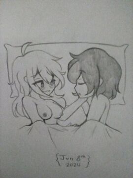 breasts female floral_foxingdale imxr24 in_bed naked nude original_characters sleeping_together traditional_media_(artwork) wholesome