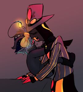 2boys artsehole baxter_(hazbin_hotel) blush colored full_body fully_clothed gay hazbin_hotel height_difference making_out male short_male sir_pentious_(hazbin_hotel) yaoi