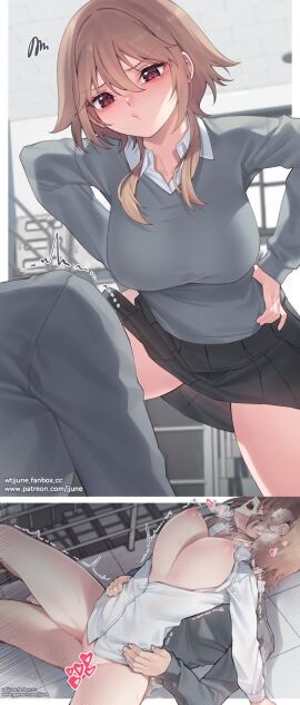 1boy 1girls big_breasts bouncing_breasts breasts brown_hair censored commentary_request face_covered female heart hi_res jjune large_breasts legs legs_apart legs_spread light-skinned_female light-skinned_male light_skin male open_mouth original penis red_eyes school_uniform schoolgirl sex shaking shirt shirt_open skirt stairs steam sweat sweating tagme
