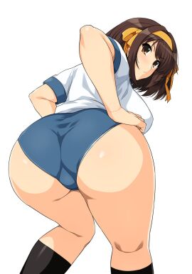 ass ass_focus bloomers blush breasts buruma clothing female gym_clothes haruhisky large_breasts panties striped_panties suzumiya_haruhi suzumiya_haruhi_no_yuuutsu