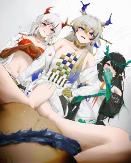 !? 1boy 4girls 70hz absurdres arknights bandeau bare_shoulders barefoot beads belt black_hair black_jacket blonde_hair blush closed_mouth collarbone colored_extremities covered_mouth covering_own_mouth crop_top dark-skinned_male dark_skin disgust dragon_girl dragon_horns dragon_tail dress dusk_(arknights) earrings embarrassed feet female green_hair grey_hair hair_over_one_eye hand_on_own_hip hand_up hands_up heart heart_hands highres horns implied_sex jacket jewelry ling_(arknights) long_hair long_sleeves male midriff multicolored_hair multiple_females multiple_girls navel necklace necktie nian_(arknights) off_shoulder one_eye_covered open_clothes open_jacket open_mouth orange_necktie out_of_frame own_hands_together pink_eyes pointy_ears purple_eyes purple_hair red_bandeau red_hair shu_(arknights) siblings sisters sleeveless sleeveless_dress smile straight strapless streaked_hair tail toenails toes tube_top twitching white_belt white_dress white_jacket white_tube_top