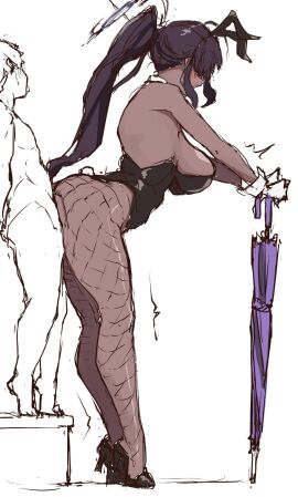 1boy 1girls ass big_ass big_breasts big_butt black_body black_hair blue_archive breasts bunny_ears bunnysuit female halo heels hips karin_(blue_archive) karin_(bunny)_(blue_archive) karin_kakudate male nasakene penis ponytail shaking simple_background sitting_on_penis taller_female umbrella