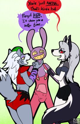 2d 2d_(artwork) 2d_artwork absurd_res anthro biped blush bulge canid canid_demon canine canis clothing collar color colored cuffs_(clothing) demon detailed_bulge english english_text erection female female_anthro fighting_over_boy finger_on_chin five_nights_at_freddy's five_nights_at_freddy's:_security_breach fnaf furaffinity furry furry_only genital_outline glitch_productions gradient_background group hellhound helluva_boss hi_res immelmann jax_(tadc) jax_(the_amazing_digital_circus) lagomorph leporid loona_(helluva_boss) male male/female mammal mythological_canine mythological_creature mythology overalls penis penis_outline purple_body rabbit red_sclera roxanne_wolf_(fnaf) scottgames speech_bubble speech_bubbles steel_wool_studios teasing text the_amazing_digital_circus trio wolf yellow_eyes
