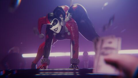 1girls 3boys 3d agent_47 all_fours ass batman_(series) bent_over bodysuit breasts dc dc_comics depth_of_field domino_mask female fretfulfinding gloves harley_quinn harley_quinn_(classic) harley_quinn_(injustice) hat hitman holding injustice_2 jester_hat looking_at_viewer makeup male mask money multiple_boys multiple_males nightclub offering_money pole pov skin_tight smile solo_focus spotlight strip_club stripper stripper_pole winking_at_viewer