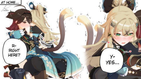 1boy 1girls 2_tails 3d blonde_hair cat_ears cat_girl cat_tail catgirl chinese_male chinese_male_japanese_female english_text female gaming_(genshin_impact) genshin_impact green_eyes heart inazuma_girls japanese_female kirara_(genshin_impact) male male/female moaning multi_tail sensitive_tail speech_bubble straight tail_play tremble_spikes trembling twitching two-tone_hair