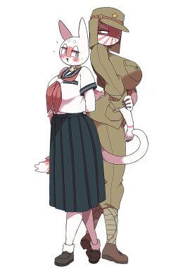 2girls back_to_back breasts breasts_bigger_than_head clothed countryhumans countryhumans_girl female japan_(countryhumans) japanese_empire_(countryhumans) kuzuyu_(artist) military_uniform safe_for_work school_uniform tagme taller_female