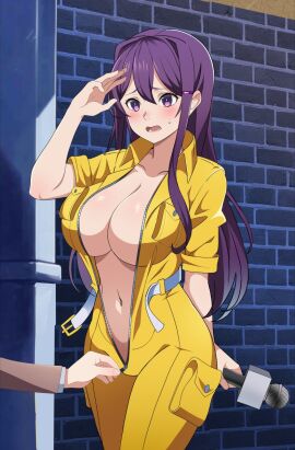 1girls 1other 5_fingers ambiguous_gender april_o'neil_(cosplay) big_breasts blush breasts cleavage commission commission_art commissioned_by_squadalaguy cosplay doki_doki_literature_club embarrassed embarrassed_nude_female enf female female_focus inner_sideboob krius-ol long_hair microphone naked navel nude purple_eyes purple_hair solo_focus sweatdrop teenage_mutant_ninja_turtles tmnt tmnt_1987 undressing_another unzipped_jumpsuit yuri_(doki_doki_literature_club) zipper zipper_pull_tab