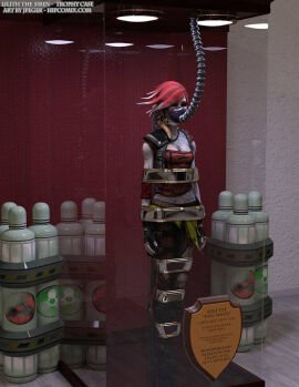 1girls 3d body_markings borderlands borderlands_2 bound bound_arms bound_legs breasts english_text female female_only lilith_(borderlands) on_display red_hair redhead siren_(borderlands) siren_markings solo solo_female tattoo text thejpeger trophy_case