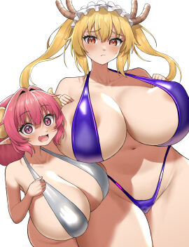 2girls alternate_breast_size areola_slip bikini blonde_hair blush breasts breasts_bigger_than_head cleavage dragon_girl dragon_horns duo eyebrows_visible_through_hair female female_only front_view horns huge_breasts hyper_breasts ilulu_(dragon_maid) large_breasts looking_at_viewer maid_headdress mik4 miss_kobayashi's_dragon_maid multiple_females multiple_girls oerba_yun_fang open_mouth pointy_ears red_hair size_difference skimpy_bikini skimpy_swimwear sling_bikini smile standing swimsuit tohru_(dragon_maid) white_background
