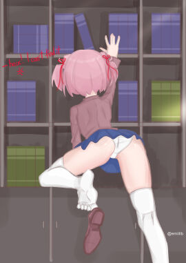 1girls 5_fingers 5_toes anger_vein artist_name ass back_of_head blue_skirt book books bookshelf clothed clothed_female clothes clothing doki_doki_literature_club emiillb english_text female female_focus natsuki_(doki_doki_literature_club) panties pink_hair red_text skirt socks solo_focus text twitter_username upskirt white_panties