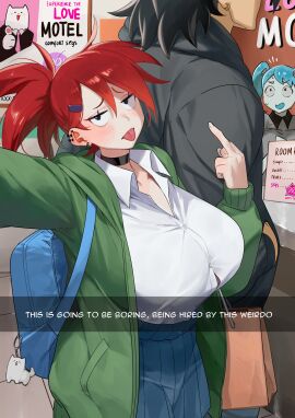 1boy 1girls backpack big_breasts breasts broly broly_(dragon_ball_z)_1993 busty caption choker clothed clothed_female clothed_male crossover crossover_pairing dragon_ball eastern_and_western_character female flipping_off foster's_home_for_imaginary_friends frankie_foster fully_clothed huge_breasts jacket jenny_wakeman large_breasts light-skinned_female light_skin love_hotel male middle_finger moments_before_disaster my_life_as_a_teenage_robot nia4294 nia_(nia4294) pierced_ears red_hair selfie skirt tongue tongue_out voluptuous voluptuous_female