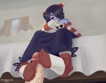 1futa 1girls 2019 big_penis blush chameleon-san clothed clothing duo erection female female_focus filia_(skullgirls) foot_fetish footjob footjob_with_legwear fully_clothed futa_on_female futanari human humanoid intersex leviathan_(skullgirls) light-skinned_futa light_skin low-angle_view nude penis sitting skullgirls sockjob socks squigly striped_armwear striped_clothing striped_legwear striped_socks two-footed_footjob