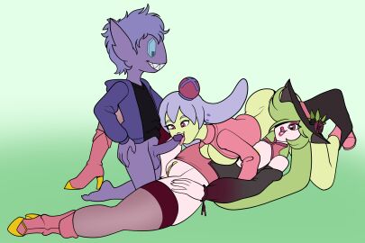 anthro ass breasts clothed clothing crown elemental_creature exposed_breasts fellatio female flora_fauna fours_(artist) generation_3_pokemon generation_7_pokemon genitals green_body group headgear hi_res high_heels humanoid lips male male/female nintendo oral penile penis plant pokemon pokemon_(species) purple_body purple_eyes pussy sableye sex shiny_pokemon thick_lips trio tsareena white_body