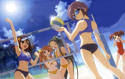 5girls armpits asahina_mikuru ass ball_(object) beach beach_volleyball bikini black_bikini_bottom blue_bikini_top blush breasts brown_hair closed_eyes day detexted female glasses hair_bobbles hair_ornament highres ikeda_shouko kyon's_sister long_hair looking_back multiple_females multiple_girls nagato_yuki navel official_alternate_hairstyle official_art one-piece_swimsuit open_mouth playing_sports ponytail red_one-piece_swimsuit short_hair small_breasts smile sports_bikini sportswear sun sunglasses suzumiya_haruhi suzumiya_haruhi_no_yuuutsu swimsuit thigh_gap third-party_edit tsuruya twintails very_long_hair visor_cap volleyball volleyball_(object) volleyball_net yellow_bikini