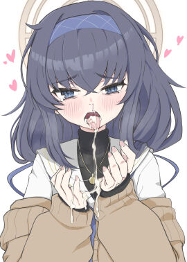 absurdres blue_archive blue_hair blue_hairband blush brown_cardigan brown_halo cardigan commentary crossed_bangs cum cum_in_mouth cum_on_body cum_on_clothes cum_on_hands female furrowed_brow hairband halo hands_up heart highres long_hair long_sleeves looking_at_viewer miaryayaya off_shoulder school_uniform serafuku sleeves_past_wrists solo tearing_up tongue tongue_out ui_(blue_archive) upper_body white_serafuku