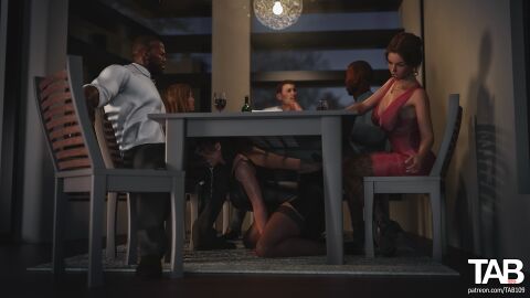 3d 3d_(artwork) 3dcg big_breasts big_penis blowjob breasts dark-skinned_male dark_skin female high_heels interracial male milf netorare ntr penis tab109 under_the_table