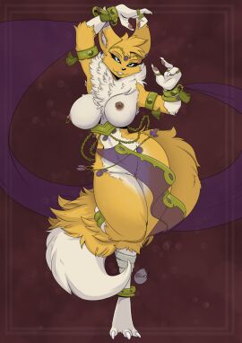 2024 3_fingers anklet anthro areola armlet bandai_namco bedlah big_breasts black_sclera blue_eyes bracelet breasts canid canine circlet digimon digimon_(species) digit_ring dipstick_ears dipstick_tail ear_markings eyelashes feet female finger_ring fingers fox fur genitals gloves_(marking) harem harem_jewelry hi_res inner_ear_fluff innie_pussy jewelry leg_markings looking_at_viewer markings multicolored_ears neck_tuft nipple_piercing nipple_ring nipples piercing pussy renamon ring_piercing smile socks_(marking) solo tail tail_markings thick_thighs thigh_gap tuft white_body white_fur yawg yellow_body yellow_fur