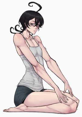 2d ahoge black_hair casual_clothes dark_circles female female_only flat_chest fuyumura_shiori limn044 looking_at_viewer muscular sanda_(anime) slender_body solo_female thick_thighs white_body