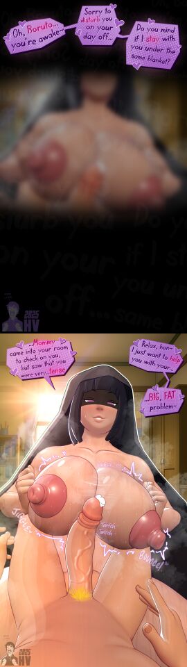 1boy 1boy1girl 1girls 2025 3d 3d_(artwork) 4k bed big_nipples big_penis blush boruto:_naruto_next_generations boruto_uzumaki comic curvy english_text highres highv0ltage huge_breasts hyuuga_hinata incest leaking_cum milf naruto_(series) purple_eyes purple_hair sfm short_hair source_filmmaker sweat sweating teenager text text_bubble veiny veiny_penis wet