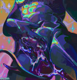 1boy abs absurd_res blue_body bodily_fluids claws clitoral clitoral_hood clitoral_masturbation clitoris colorful_theme cuntboy demon dripping elf faceless_character faceless_cuntboy faceless_intersex genital_fluids genitals humanoid intersex large_clitoris male mastectomy_scar masturbation multicolored_body pussy scar solo solo_male tail vaginal_penetration xuu