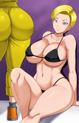 2girls android_18 ass bikini black_bikini blonde_hair breasts bubble_ass bubble_butt bulma_briefs bulma_briefs_(dragon_ball_super_superhero) cleavage dragon_ball dragon_ball_super_super_hero faceless faceless_female female highres huge_breasts large_breasts looking_at_viewer multiple_females multiple_girls pinkpawg sitting standing swimsuit thick_ass thick_thighs voluptuous voluptuous_female