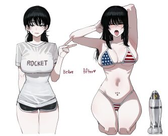 american_flag_bikini armpits arms_up bikini black_hair chainsaw_man dildo female female_only kneeling mitaka_asa peace_sign ratatatat74 yoru_(chainsaw_man)
