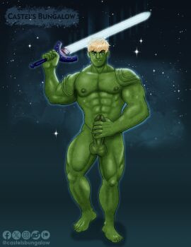 1boy abs alien artist_name balls bara biceps blonde_hair castelsbungalow erection feet fight_boner frowning gay_male green_body green_eyes green_skin hulkling humanoid jerking jerkingoff looking_at_viewer male male_only marvel marvel_comics masturbation muscles muscular muscular_male naked naked_male night night_sky nipples nude nude_male pecs penis penis_grab smile solo solo_male standing standing_position stars sword teddy_altman yaoi young_avengers