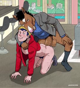 anal anal_sex anthro balls bojack_horseman bojack_horseman_(character) bottomless buranko clothed clothing duo equid equine genitals hi_res horse human human_on_anthro humanoid_genitalia humanoid_penis interspecies male male/male mammal netflix penetration penis todd_chavez