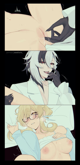 2girls amefurin arlecchino_(genshin_impact) black_hands blonde_hair breasts clawed_fingers claws embarrassed embarrassed_female female fingering fingers genshin_impact glasses lesbian lesbian_sex licking licking_fingers licking_pussy long_hair lumine_(genshin_impact) multicolored_hair multiple_females multiple_girls pussy red_eyes shy steamy_breath tears teasing tits_out unusual_anatomy unusual_hands wet wet_fingers wet_pussy white_hair yellow_eyes yuri