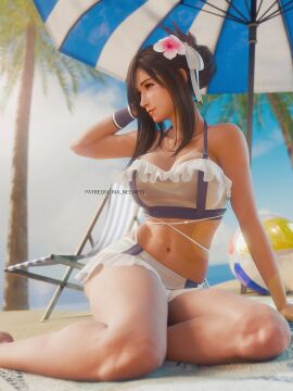1girls 3d 3d_(artwork) ass beach beach_ball bikini black_hair blender blue_sky blurry_background breasts cleavage female female_only final_fantasy final_fantasy_vii final_fantasy_vii_rebirth final_fantasy_vii_remake fit fit_female flower_in_hair hair_ribbon high_resolution highres large_breasts light-skinned_female light_skin long_hair looking_away navel official_alternate_costume palm_tree red_eyes ria-neearts sea short_skirt side-tie_bikini_bottom sideboob sidelocks smile swimsuit teasing_viewer thighs tied_hair tifa_lockhart tifa_lockhart_(shining_spirit)