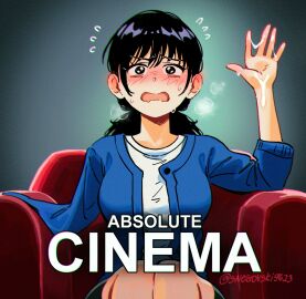 absolute_cinema absolute_cinema_(meme) amputee armchair black_eyes black_hair blue_cardigan blush cardigan chainsaw_man chair cum cum_on_hands female flying_sweatdrops highres meme missing_arm missing_limb mitaka_asa nose_blush shirt sitting snegovski solo white_shirt