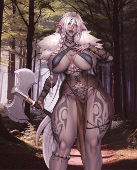 amazoness amazoness_queen blonde-haired_female blonde_female blonde_hair breasts female grey_hair kolgaart mge monster_girl monster_girl_encyclopedia naked naked_female nipples no_bra nude nude_female original original_artwork original_character original_characters silver_hair tattoo tattoo_on_belly tattoo_on_butt tattoo_on_chest tattoos white_hair yellow_eyes