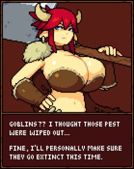 1girls 2d armor ass athletic athletic_female axe badcolor barbarian big_breasts bikini blue_eyes breasts cleavage cowgirl cute dialogue english_text fantasy female fur goblin_nest hathor_(badcolor) holstaurus horns hourglass_figure huge_ass huge_breasts imminent_defeat imminent_domination_loss imminent_sex large_breasts midriff muscular muscular_female pixel_art red_hair short_hair solo tagme tagme_(character) text