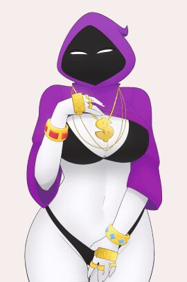 1girls big_breasts bikini bra breasts cleavage cropped_hoodie curvy exqmaster female gold_jewelry hood masked meme panties pulling_panties purple_clothing shaded_face shadow_wizard_money_gang solo thick_thighs white_body white_eyes white_skin