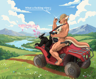 absurd_res anal anal_sex anthro athletic beard big_penis body_hair chest_hair cloud couples dragon duo eyewear facial_hair genitals hair hi_res isaaac_owo isaac_wolk kangaroo looking_pleasured macropod male male/male mammal marsupial muscular mythological_creature mythological_scalie mythology nipple_piercing nipples nude panorama penetration penis piercing quads scalie size_difference slit_penis smile speech_bubble story story_in_description sunglasses text tongue tongue_out vein veiny_penis white_hair xolun_kordelvaly_van_del