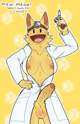 1futa 4_fingers anthro balls ballsack big_breasts big_penis blush blush_lines breasts cat_ears curvy curvy_body curvy_female curvy_figure dick dickgirl divineflesh_(artist) doctor drretro_(regretevator) edited_by_thetageditor feline female foreskin fur furry furry_only futa_only futanari hand_on_hip intersex jacket jacket_only jacket_open neck_fur nipples non-human paws penis pubic_hair regretevator revealing_clothes roblox roblox_game smiling_at_viewer syringe text text_bubble uncircumcised yellow_body yellow_fur