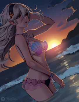 1girls absurdres alternate_costume beach bikini black_bikini black_hairband breasts cloud corrin_(fire_emblem) corrin_(fire_emblem)_(female) female female_only fire_emblem fire_emblem_cipher fire_emblem_fates floating_hair grey_hair hair_between_eyes hairband highres jackary jackary_draws long_hair medium_breasts navel nintendo ocean official_alternate_costume outdoors partially_submerged pointy_ears red_eyes shell shell_bikini signature sky solo sunset swimsuit water
