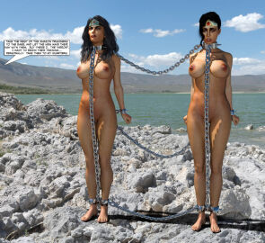 2girls 3d black_hair bondage bound bound_ankles bound_wrists chained_wrists collar completely_nude dc dc_comics english_text female multiple_females multiple_girls nude nude_female shackles slave slave_collar speech_bubble thejpeger wonder_girl wonder_woman wonder_woman_(series)