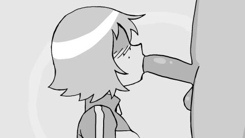 1boy 1girls animated animated_gif black_and_white blowjob deepthroat fellatio female freckles freckles_on_face gif jacket kim_pine loop looping_animation male nobloo penis scott_pilgrim