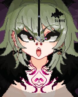 ahe_gao breasts caesar_king female green_hair hair_ornament heart-shaped_pupils katharsis large_breasts nose_hook pixel_art short_hair tattoo tongue tongue_out zenless_zone_zero