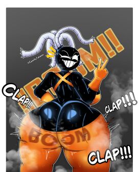 artist_name ass ass_clapping ass_cleavage ass_crack big_ass big_butt bomb_gal_(androjuniarto) breasts bubble_ass bubble_butt butt_crack clap clapping_ass clapping_buttocks clapping_cheeks fat_ass female huge_ass huge_breasts huge_butt large_ass large_butt looking_back no_panties peace_sign sweat twerking wink