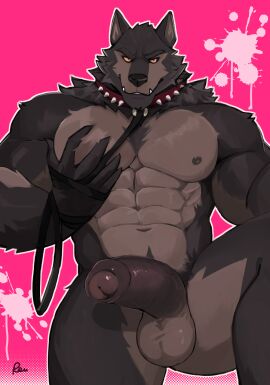 5_fingers abs anthro balls bara biceps canid canine collar daddy digital_drawing_(artwork) digital_media_(artwork) dilf erection eyebrows fingers foreskin gay genitals glans hi_res leash looking_at_viewer male mammal muscular muscular_male navel nipples nude pecs penis radcanine solo uncircumcised