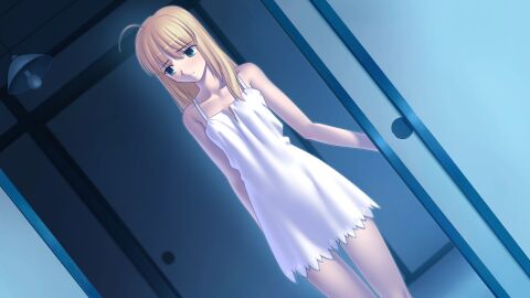 1girls artoria_pendragon blonde_hair blush camisole embarrassed fate/stay_night fate_(series) female game_cg green_eyes hair_down looking_away official_art saber screencap solo
