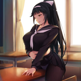 1girls azur_lane black_hair black_serafuku black_shirt black_skirt blush bow breasts chair classroom clothed_masturbation clothes_lift commentary_request crop_top crotch_rub curtains desk female female_masturbation female_only fully_clothed hair_between_eyes hair_flaps hairbow indoors kongeraatio large_breasts lifting_own_clothes light-skinned_female light_skin long_hair long_sleeves masturbation midriff miniskirt official_alternate_costume on_desk panties panties_under_pantyhose panties_visible_through_clothing pantyhose pink_lips pleated_skirt ponytail ribbon sakura_empire_(azur_lane) school school_desk school_uniform serafuku shirt skirt skirt_lift solo standing table_humping takao_(azur_lane) takao_(school_romanza)_(azur_lane) underwear white_bow white_ribbon window