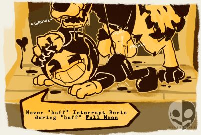 anal anal_sex anthro balls bendy bendy_and_the_ink_machine bendy_the_dancing_demon black_body black_fur bodily_fluids boris_the_wolf breasts canid canine canis clothing cum demon digital_media domestic_dog duo english_text erection fleischer_style_toon fur genital_fluids genitals gloves handwear hi_res male male/male male_only male_penetrated male_penetrating male_penetrating_male mammal notsafeforwanking penetration penile penis sex simple_background smile stomach_bulge teeth text toony wolf