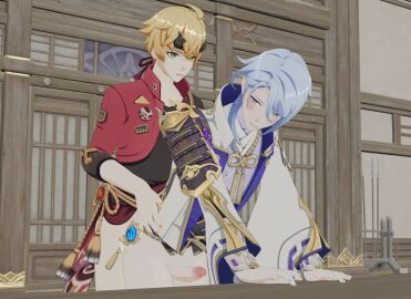 3d blonde-haired_male blonde_hair blue_hair bottomless clothed_sex erect_penis from_behind_position gay gay_sex genshin_impact green_eyes kamisato_ayato male male/male male_only penis standing_sex thoma_(genshin_impact) yaoi yaoi_impact